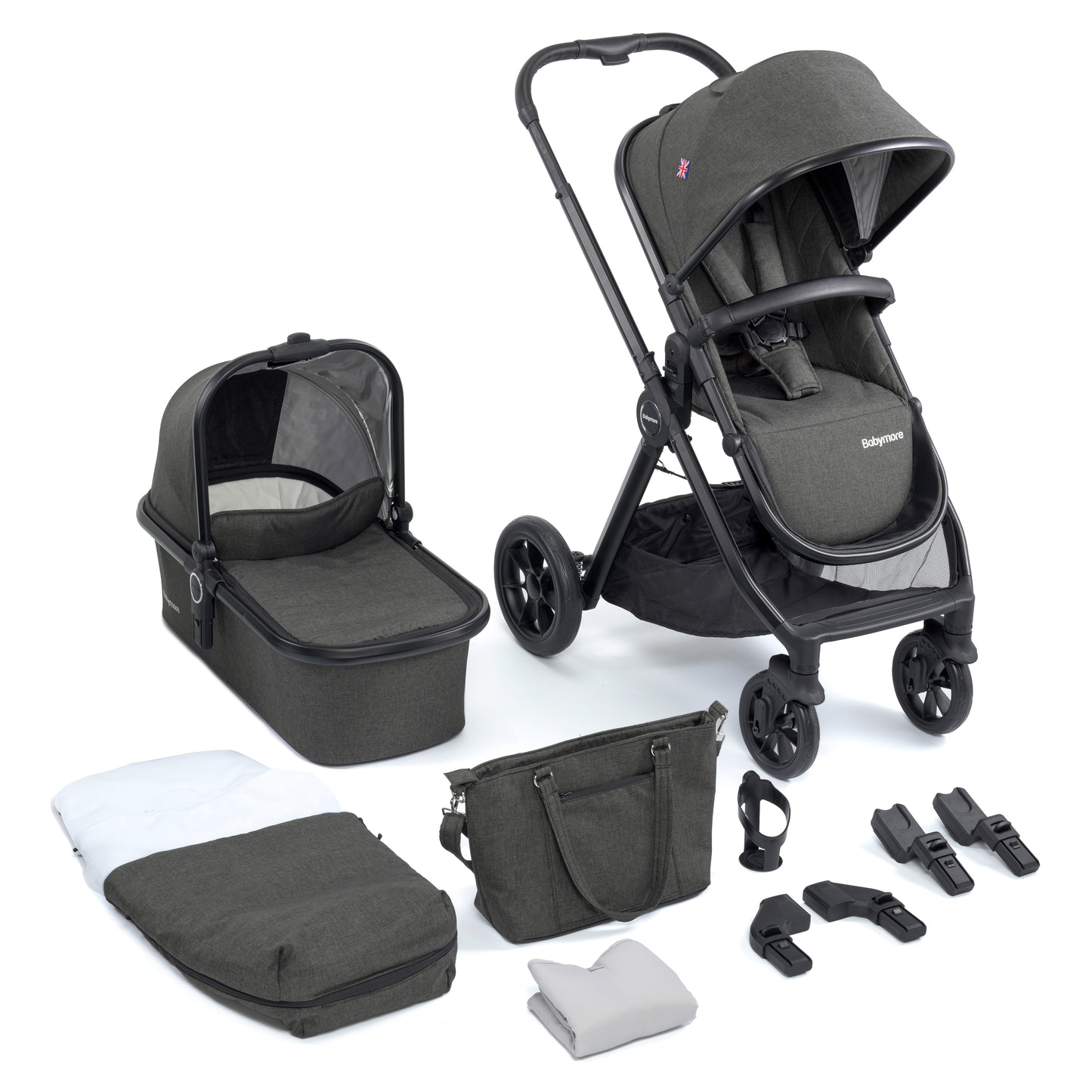 Babymore Memore V2 Pram Pushchair 11 Piece - Black - Babyzilla