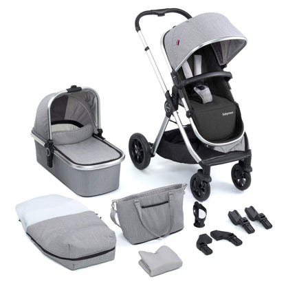 Babymore Memore V2 Pram Pushchair 11 Piece - Silver - Babyzilla