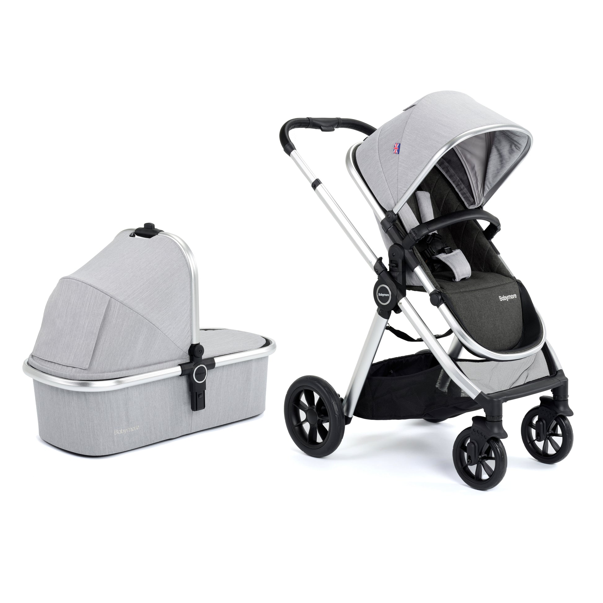 Babymore Memore V2 Pram Pushchair 11 Piece - Silver - Babyzilla