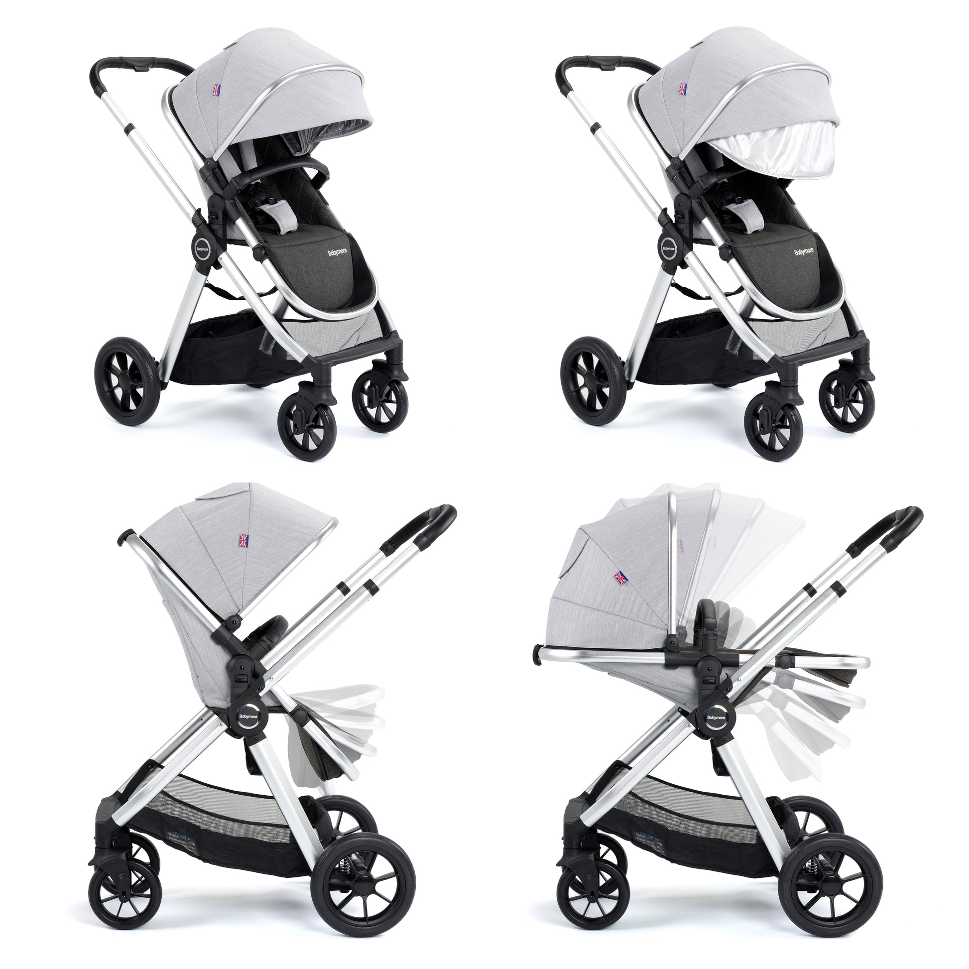 Babymore Memore V2 Pram Pushchair 11 Piece - Silver - Babyzilla